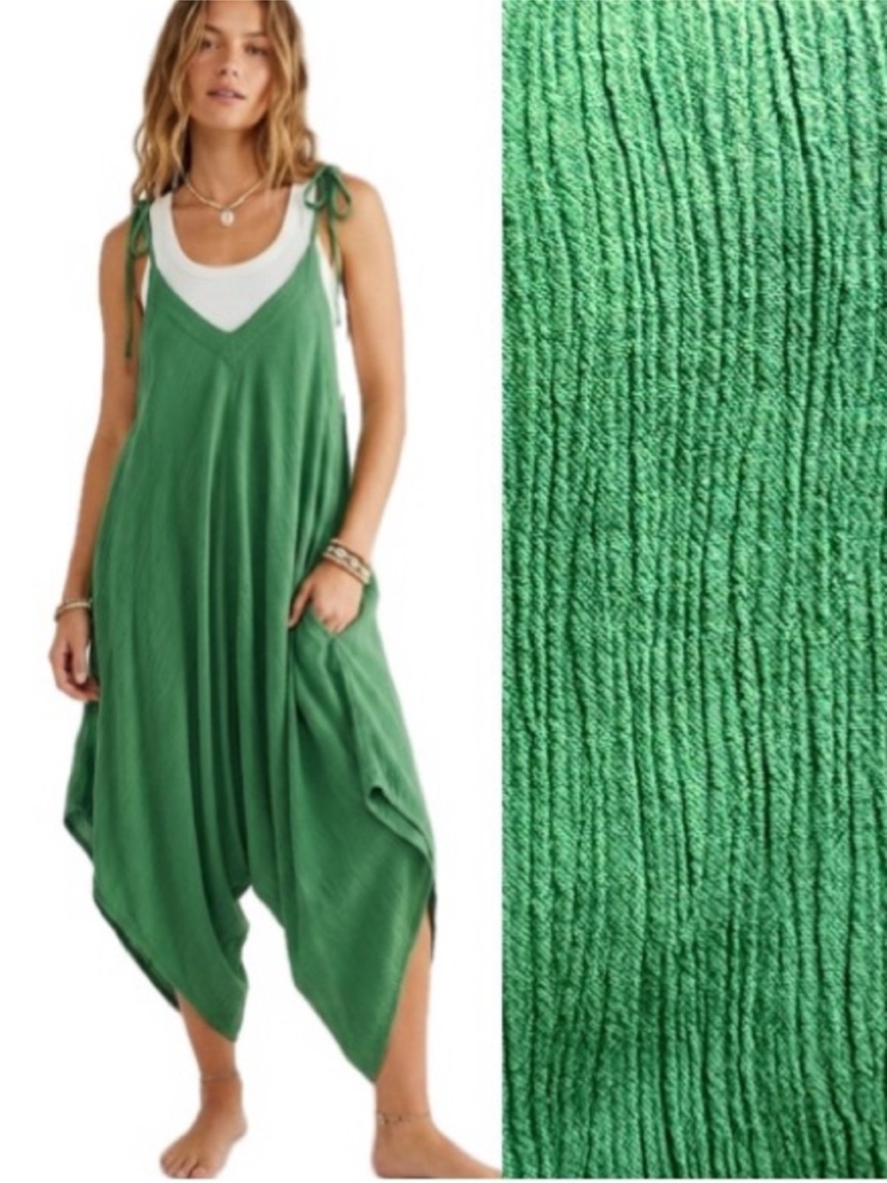 Free People Crinkled Rayon Harem Jumpsuit Oversized Tie Strap
